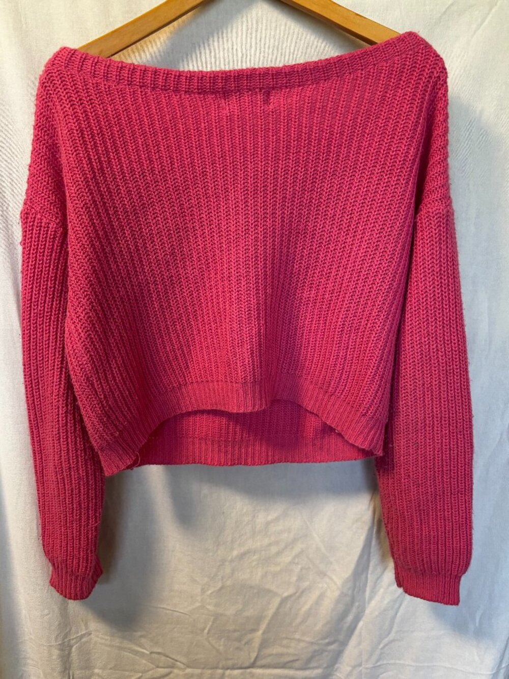 Pink Ribbed Cropped Sweater Off the Shoulder - Picture 3 of 3